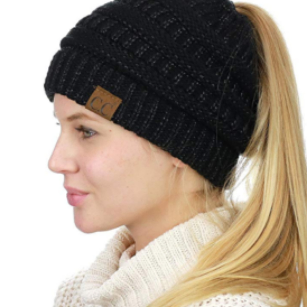 New Black Ponytail Messy Bun Knit Beanie